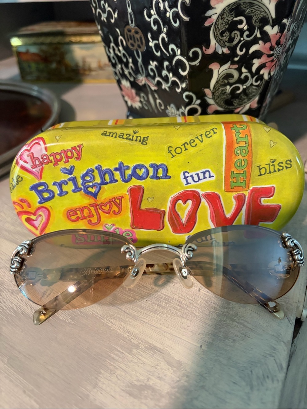 Brighton Beautiful Mind Rimless Sunglasses Brown Silver Scrollwork + Case